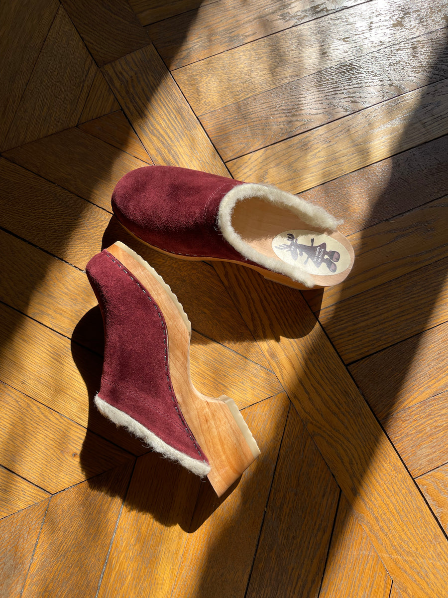 Sabots En Bois Fourrés Laine Marron Foncé - Taille 35 Occasion TBE